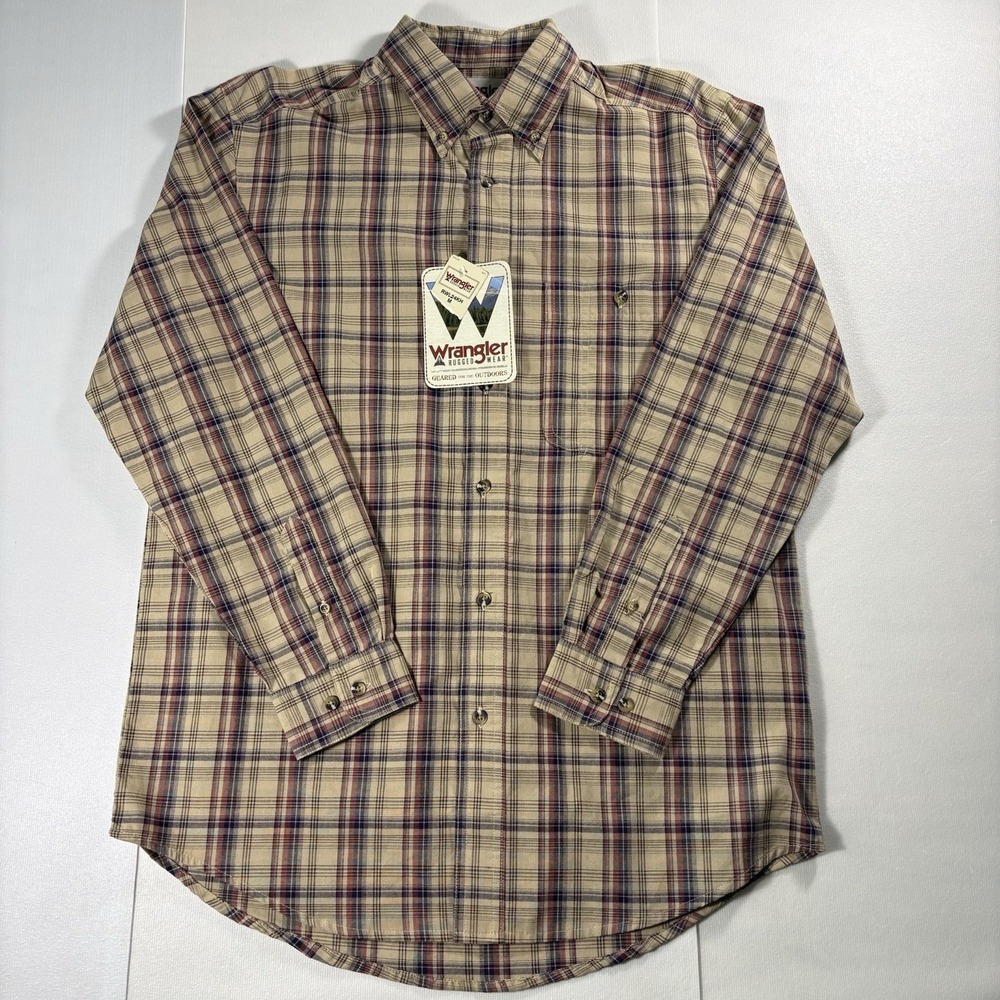 Wrangler Rugged Wear Men Plaid Button Down Long Sleeve Shirt Beige Burgundy Blue